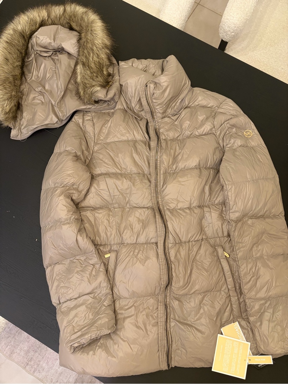 Michael Kors Taupe Quilted Puffer Coat with Detachable Faux Fur Hood
